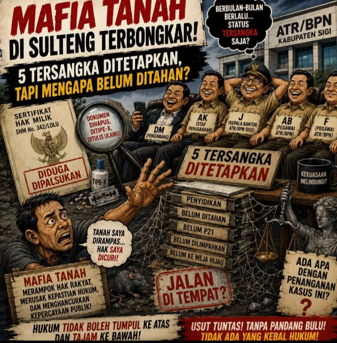 Lima Tersangka Mafia Tanah Sulteng, Publik Soroti Proses Hukum