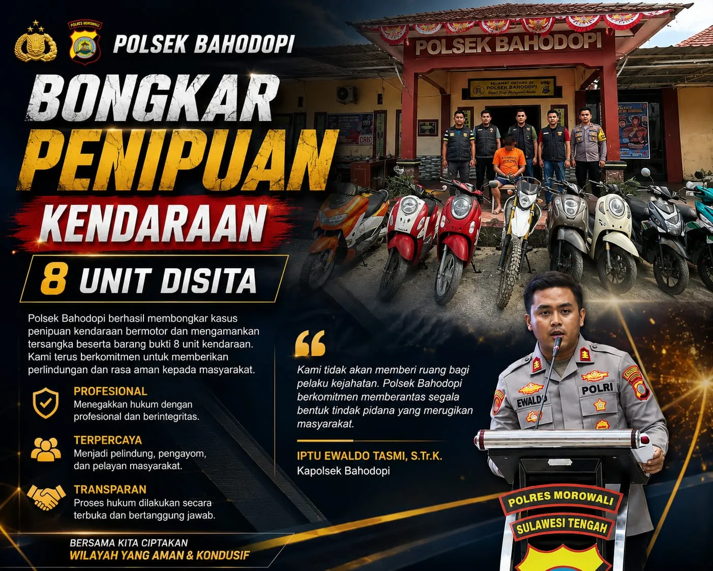 Polsek Bahodopi Bongkar Penipuan Kendaraan, 8 Unit Disita